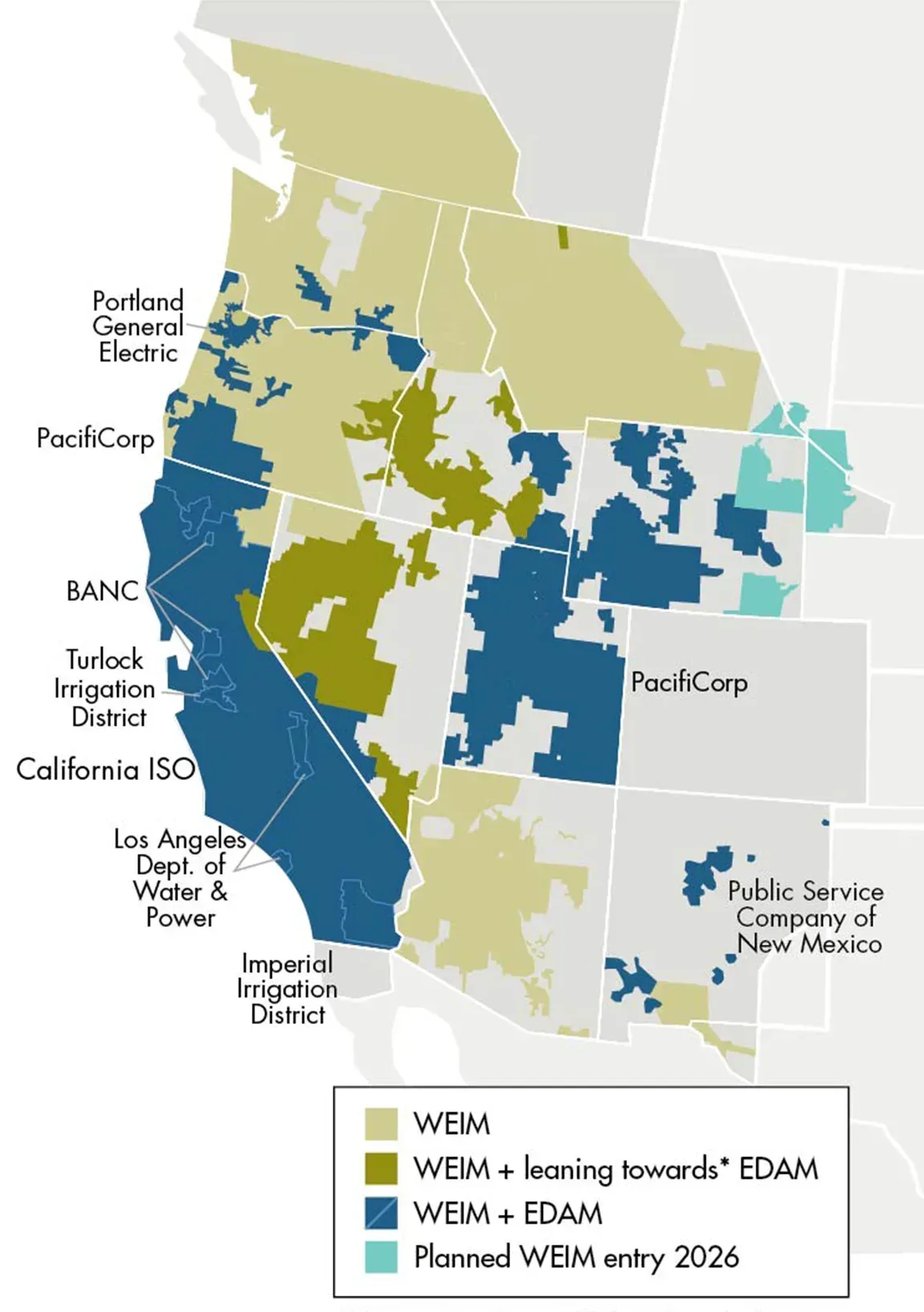 A map of the western US highlighting areas either in WEIM or EDAM or considering joining.
